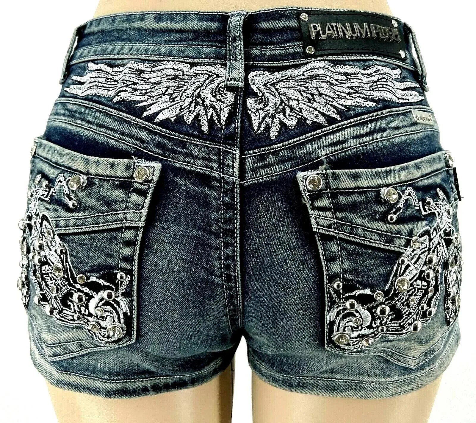 Moto Wing Rivet Embroidered Denim Shorts