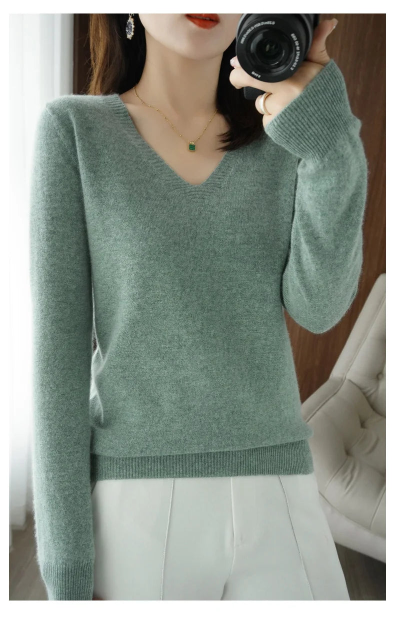 Lace-Neck Hollow-Out V-Neck Knit Pullover