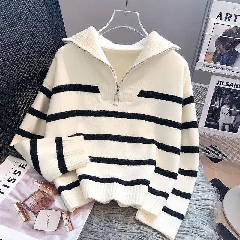 Striped Zip-Collar Knit Pullover