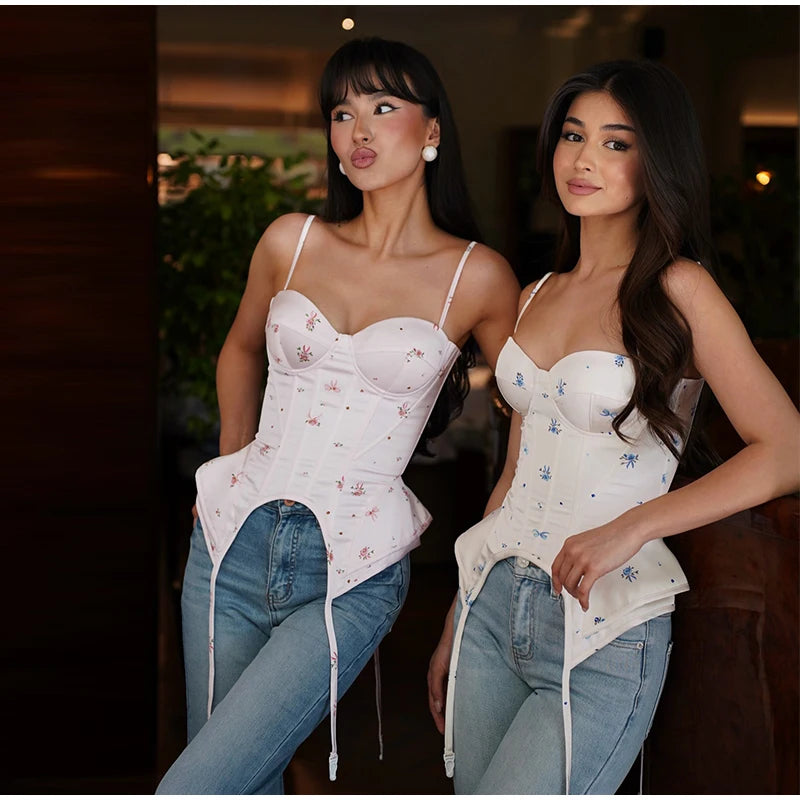 Floral Print Corset Cami Top Sweetheart Neckline Irregular Hem 2026 Summer Casual Women Bustier Fashion Versatile Lady Outwear