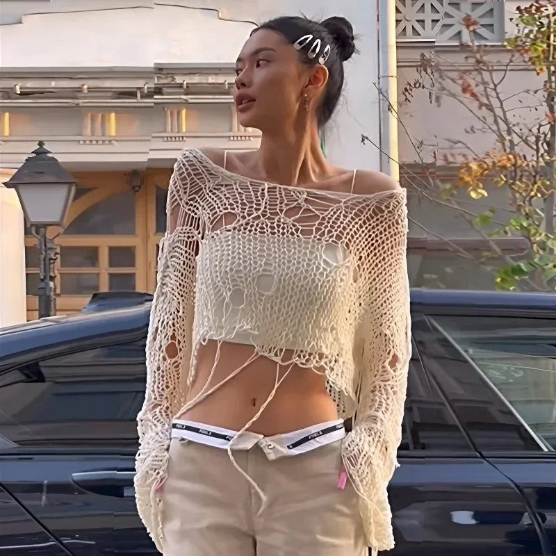 Y2K Hollow-Out Crop Sweater