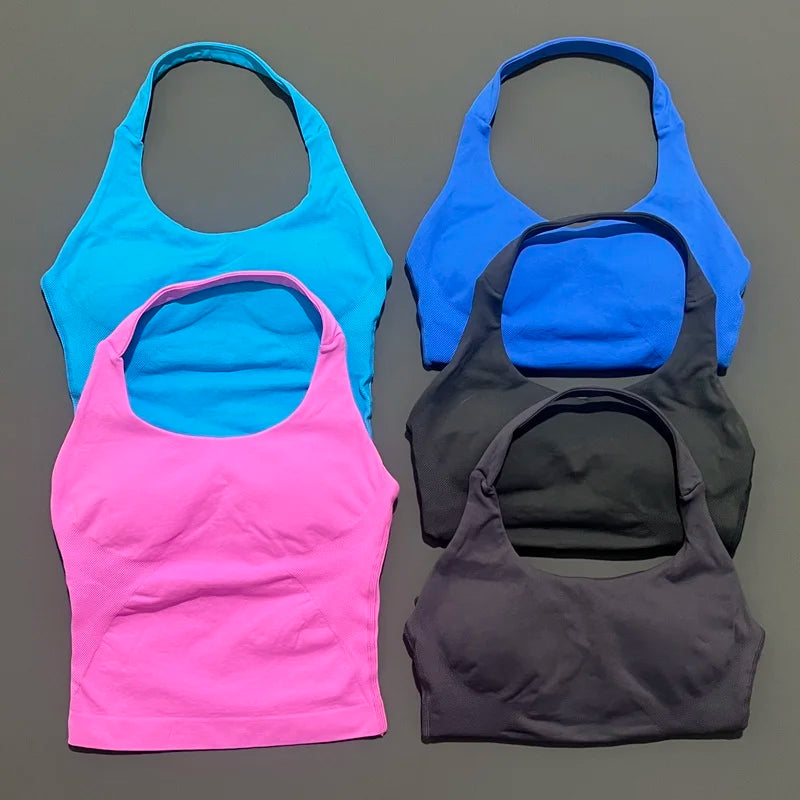 HISTELLO Impact Halter Top Seamless Longline Strappy Gym Tank Top Women Yoga Clothing Workout Fitness Sportswear Pilates Vest