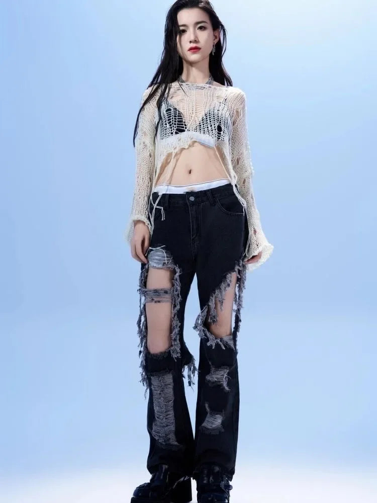 Y2K Hollow-Out Crop Sweater