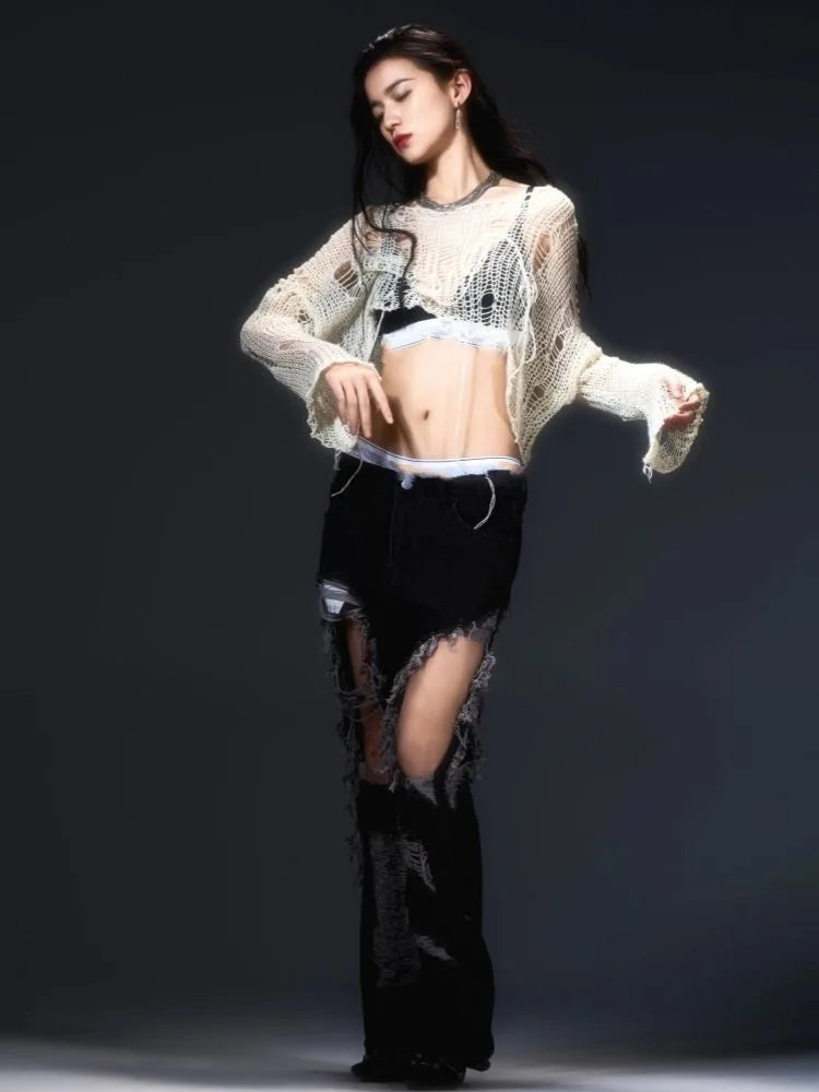 Y2K Hollow-Out Crop Sweater