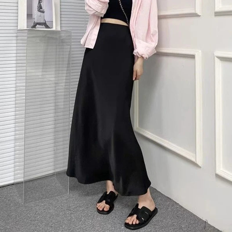 Summer Girls Solid Color Acetate Satin Skirts Lady Korean Slim Fit Thin Dress Female Classic High Waist Mid-Long Skirts