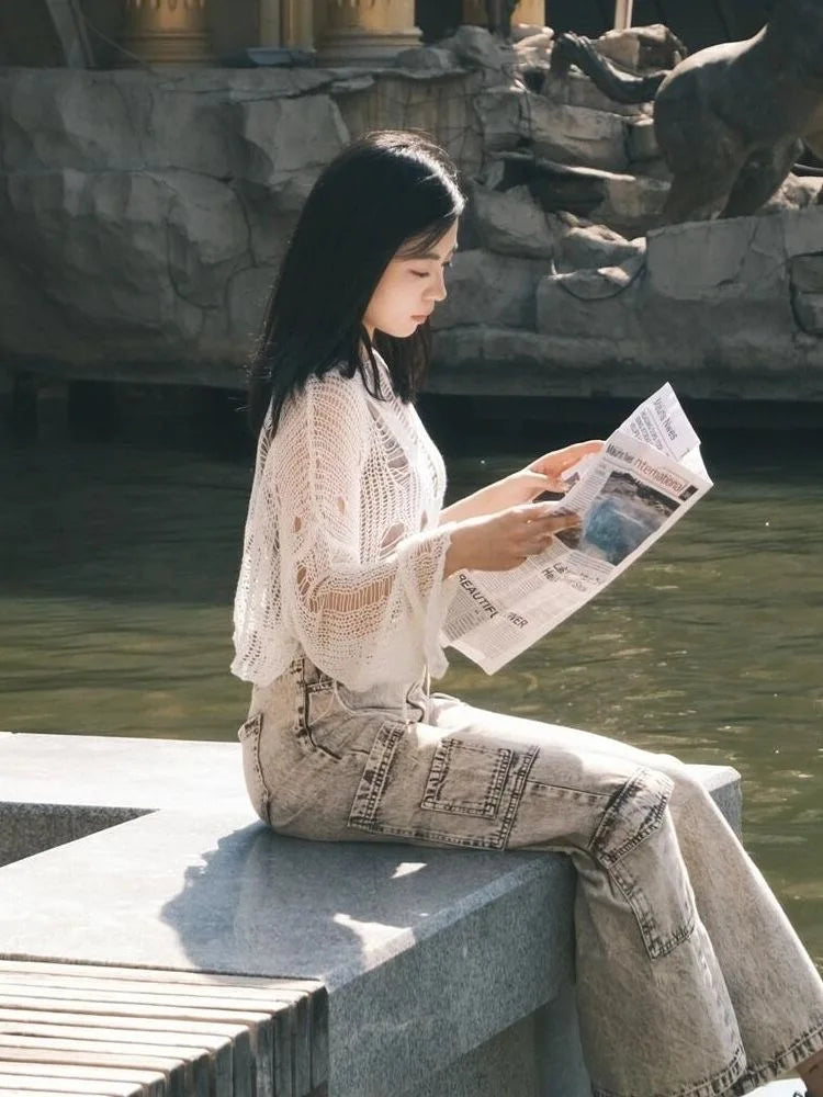 Y2K Hollow-Out Crop Sweater