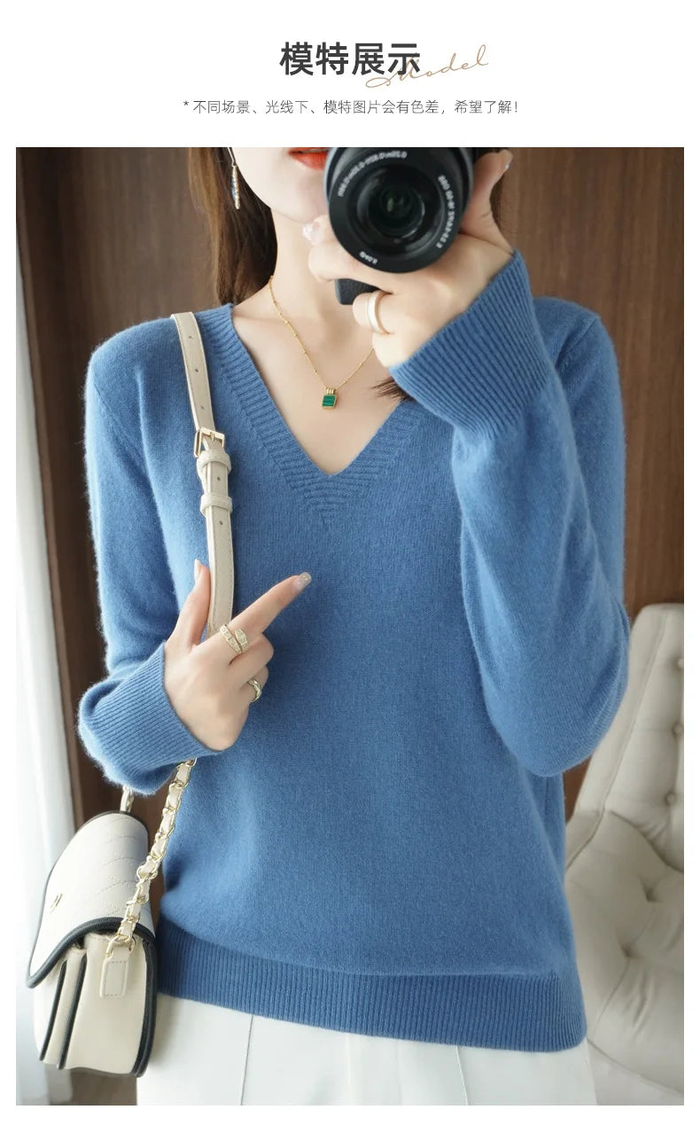 Lace-Neck Hollow-Out V-Neck Knit Pullover