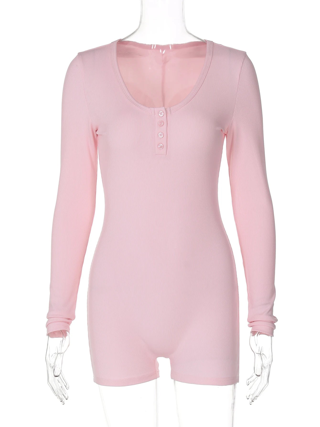Hugcitar Spring Ribbed Solid Square Collar Long Sleeve Buttons Sexy Bodycon Skinny Playsuit Women Casual Romper Streetwear Sport