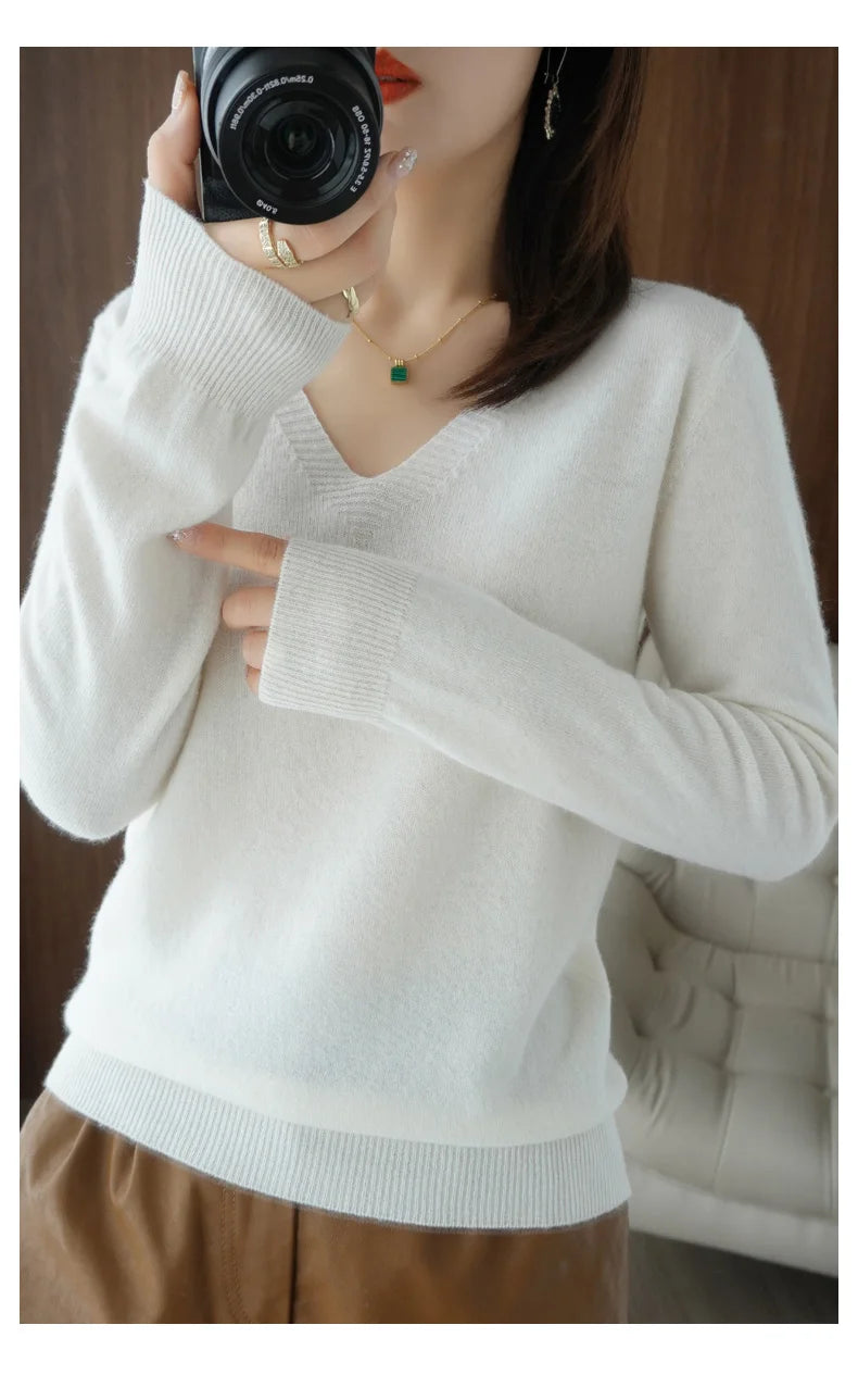 Lace-Neck Hollow-Out V-Neck Knit Pullover