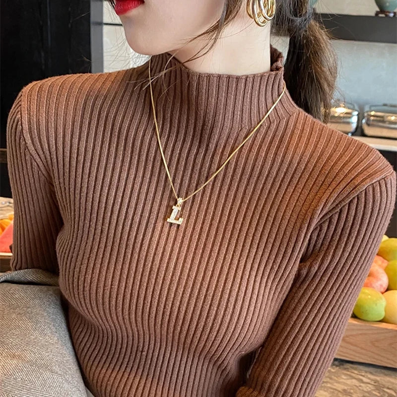 Slim Turtleneck Long-Sleeve Knit Top