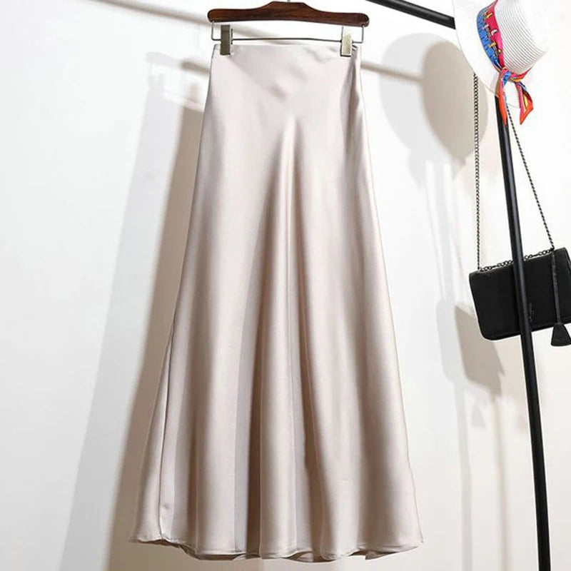 Summer Girls Solid Color Acetate Satin Skirts Lady Korean Slim Fit Thin Dress Female Classic High Waist Mid-Long Skirts