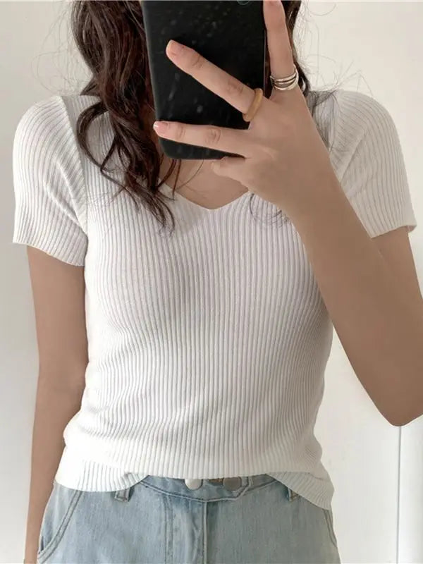 Slim Ribbed V-Neck Short-Sleeve Knit Top
