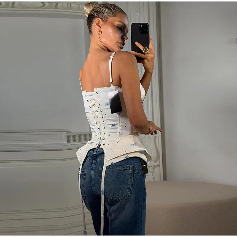 Floral Print Corset Cami Top Sweetheart Neckline Irregular Hem 2026 Summer Casual Women Bustier Fashion Versatile Lady Outwear