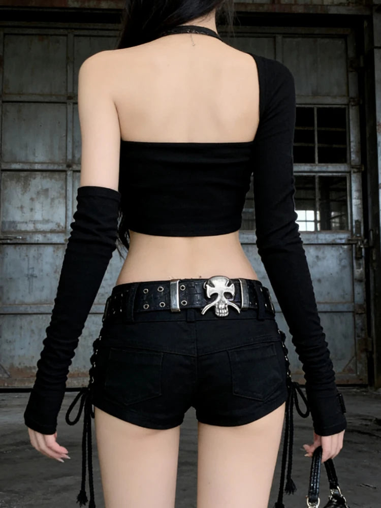 Black Gothic High-Waist Denim Shorts
