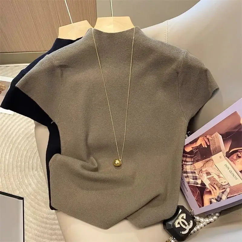 Slim Short-Sleeve Turtleneck Knit Top