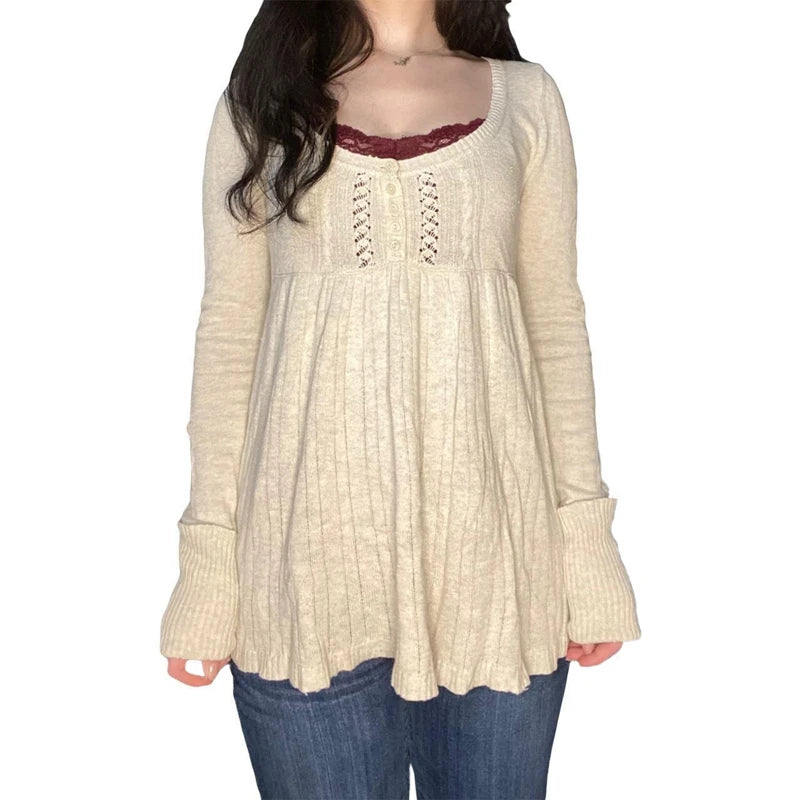 Y2K Babydoll Square-Neck Knit Pullover