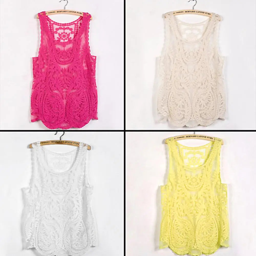 Women's Sleeveless Lace Tank Top Sexy Embroidery Hollow-out Floral Crochet Shirt Crochet T-Shirts For Women Lace Tee Shirt