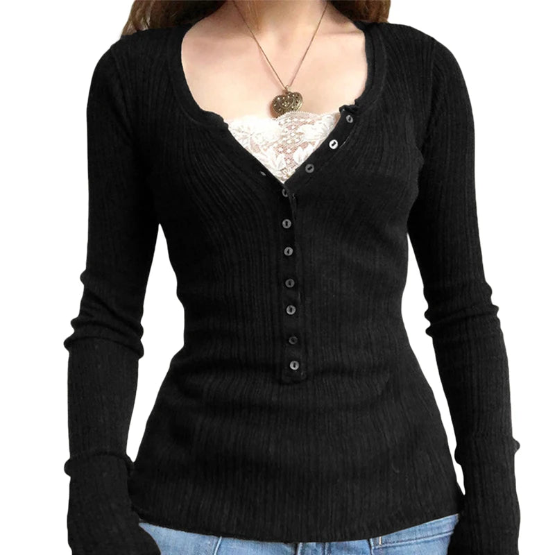 Y2K Babydoll Square-Neck Knit Pullover