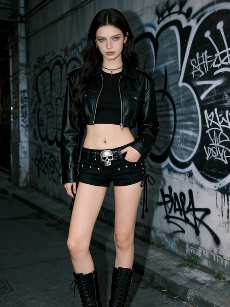Black Gothic High-Waist Denim Shorts