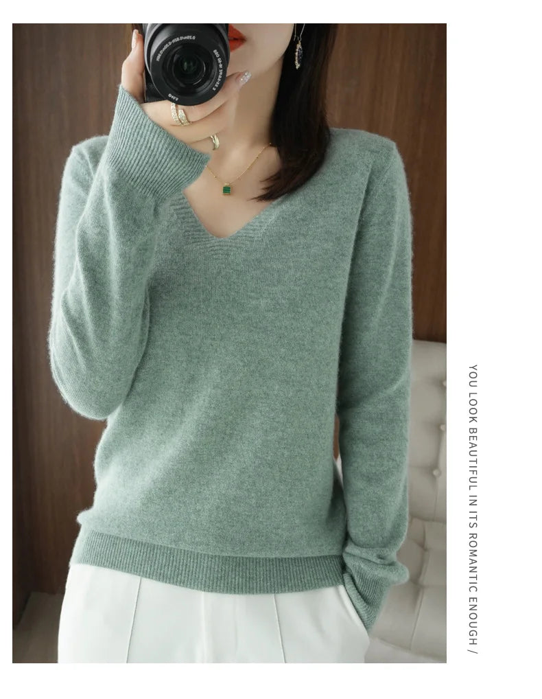Lace-Neck Hollow-Out V-Neck Knit Pullover