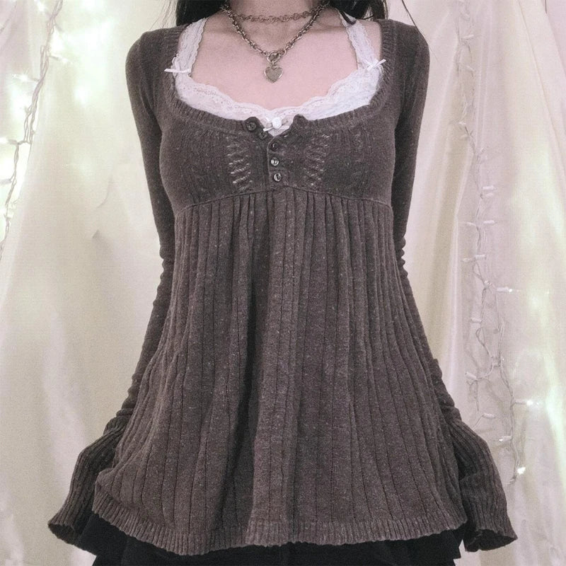 Y2K Babydoll Square-Neck Knit Pullover