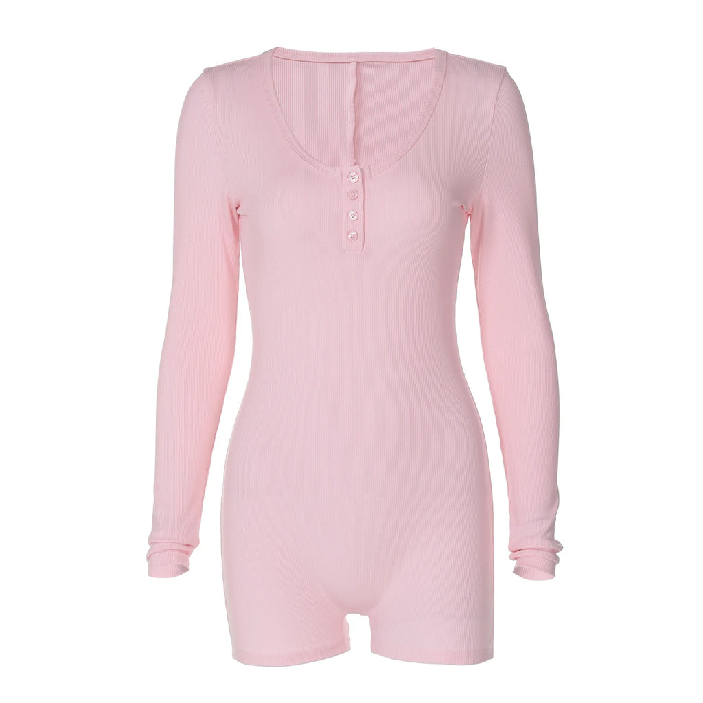 Hugcitar Spring Ribbed Solid Square Collar Long Sleeve Buttons Sexy Bodycon Skinny Playsuit Women Casual Romper Streetwear Sport