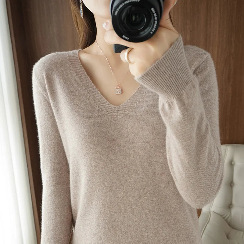 Lace-Neck Hollow-Out V-Neck Knit Pullover