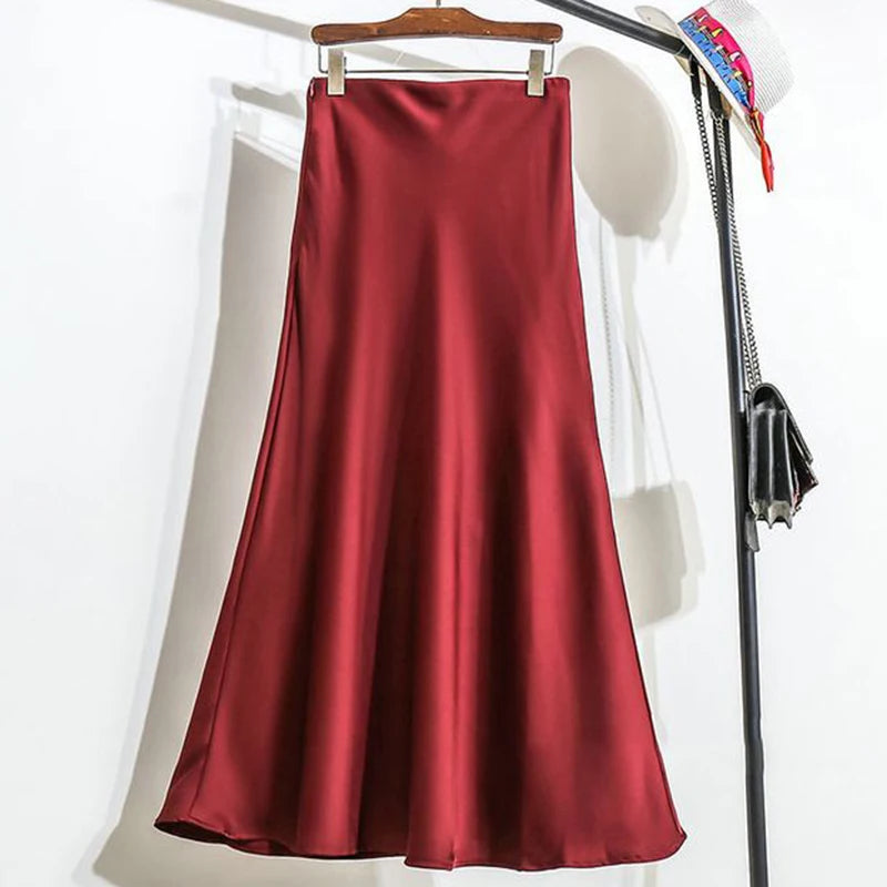Summer Girls Solid Color Acetate Satin Skirts Lady Korean Slim Fit Thin Dress Female Classic High Waist Mid-Long Skirts
