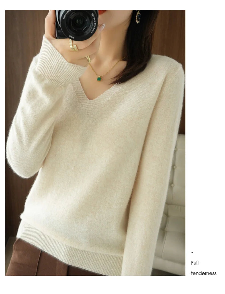 Lace-Neck Hollow-Out V-Neck Knit Pullover