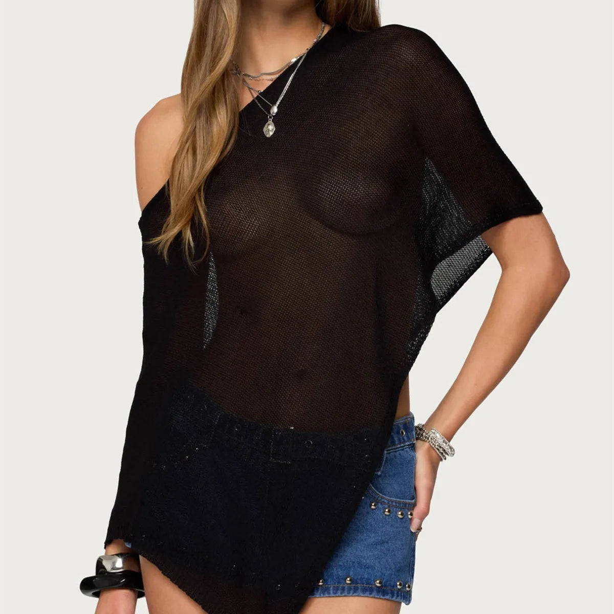 Sheer Knit Off-Shoulder Cover-Up Poncho