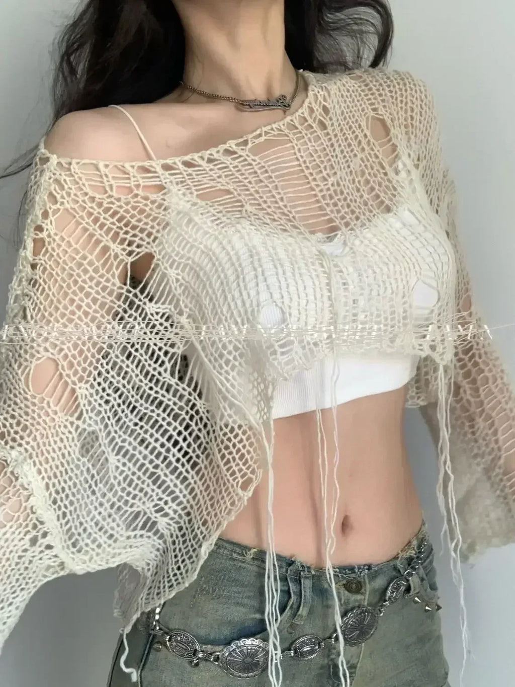 Y2K Hollow-Out Crop Sweater