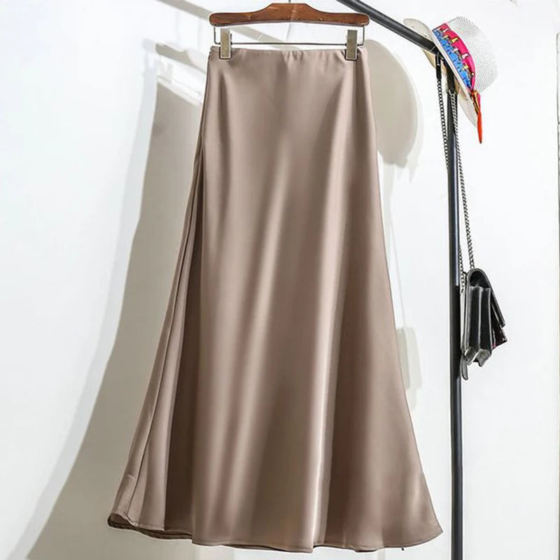 Summer Girls Solid Color Acetate Satin Skirts Lady Korean Slim Fit Thin Dress Female Classic High Waist Mid-Long Skirts