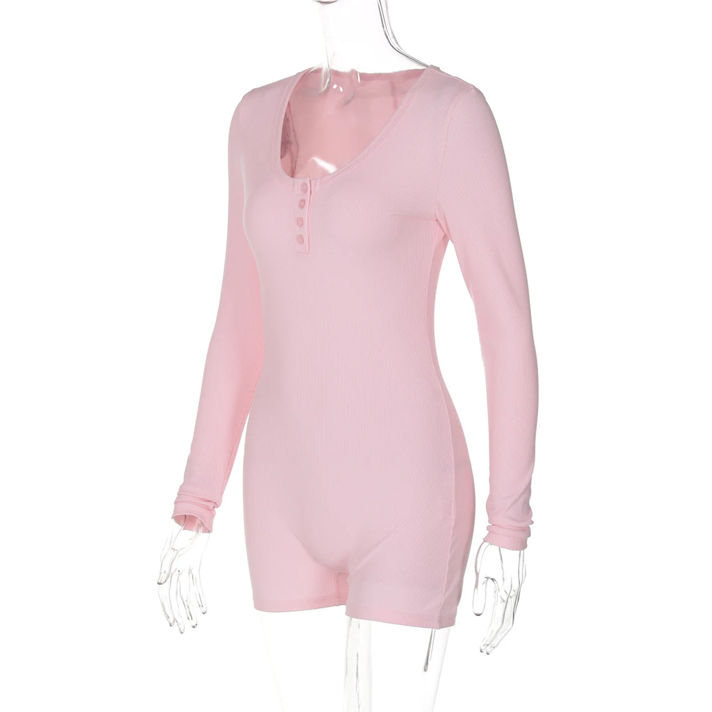 Hugcitar Spring Ribbed Solid Square Collar Long Sleeve Buttons Sexy Bodycon Skinny Playsuit Women Casual Romper Streetwear Sport