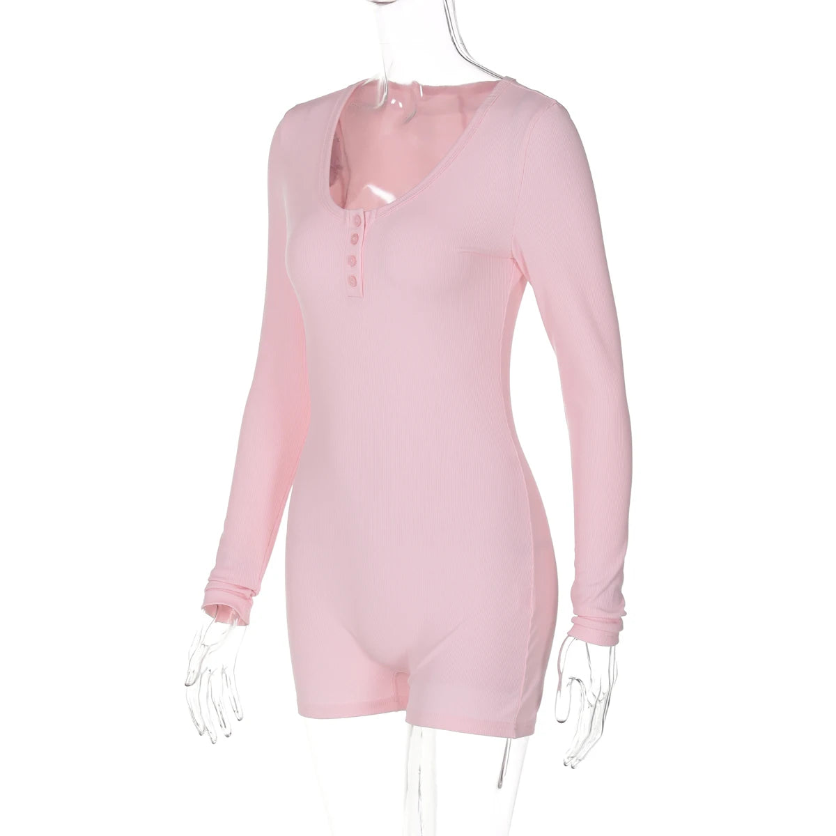 Hugcitar Spring Ribbed Solid Square Collar Long Sleeve Buttons Sexy Bodycon Skinny Playsuit Women Casual Romper Streetwear Sport