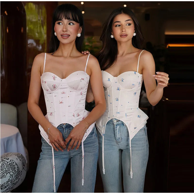 Floral Print Corset Cami Top Sweetheart Neckline Irregular Hem 2026 Summer Casual Women Bustier Fashion Versatile Lady Outwear