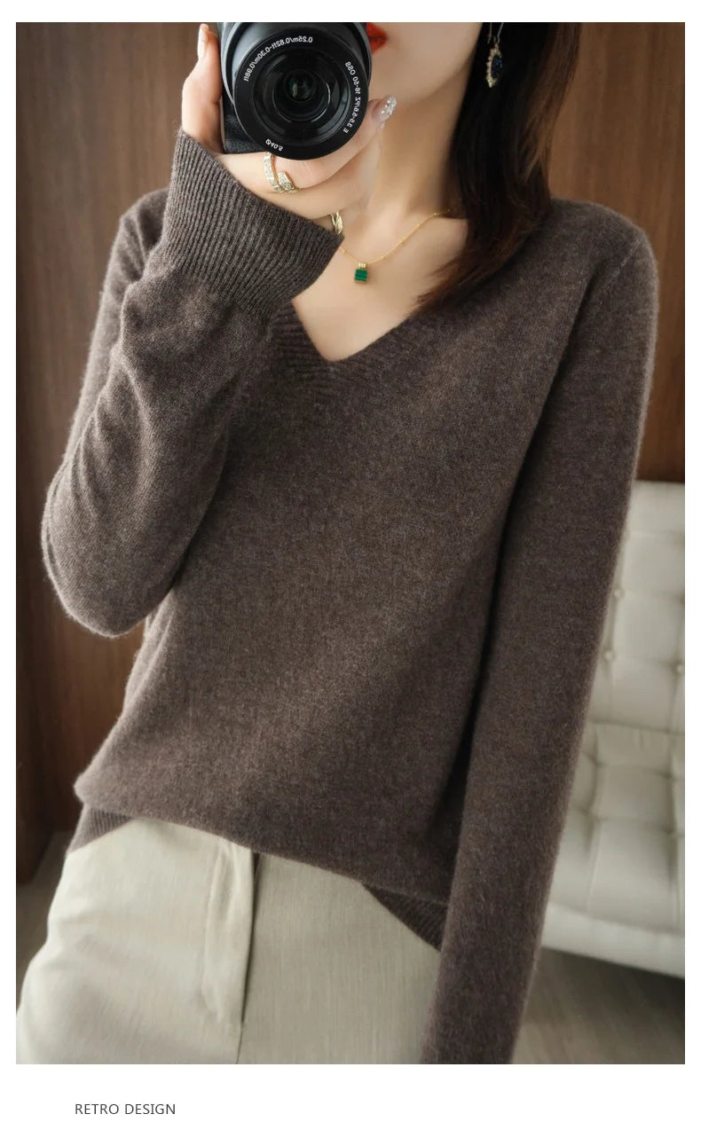 Lace-Neck Hollow-Out V-Neck Knit Pullover