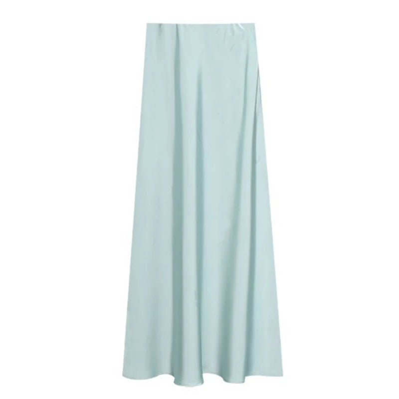 Summer Girls Solid Color Acetate Satin Skirts Lady Korean Slim Fit Thin Dress Female Classic High Waist Mid-Long Skirts